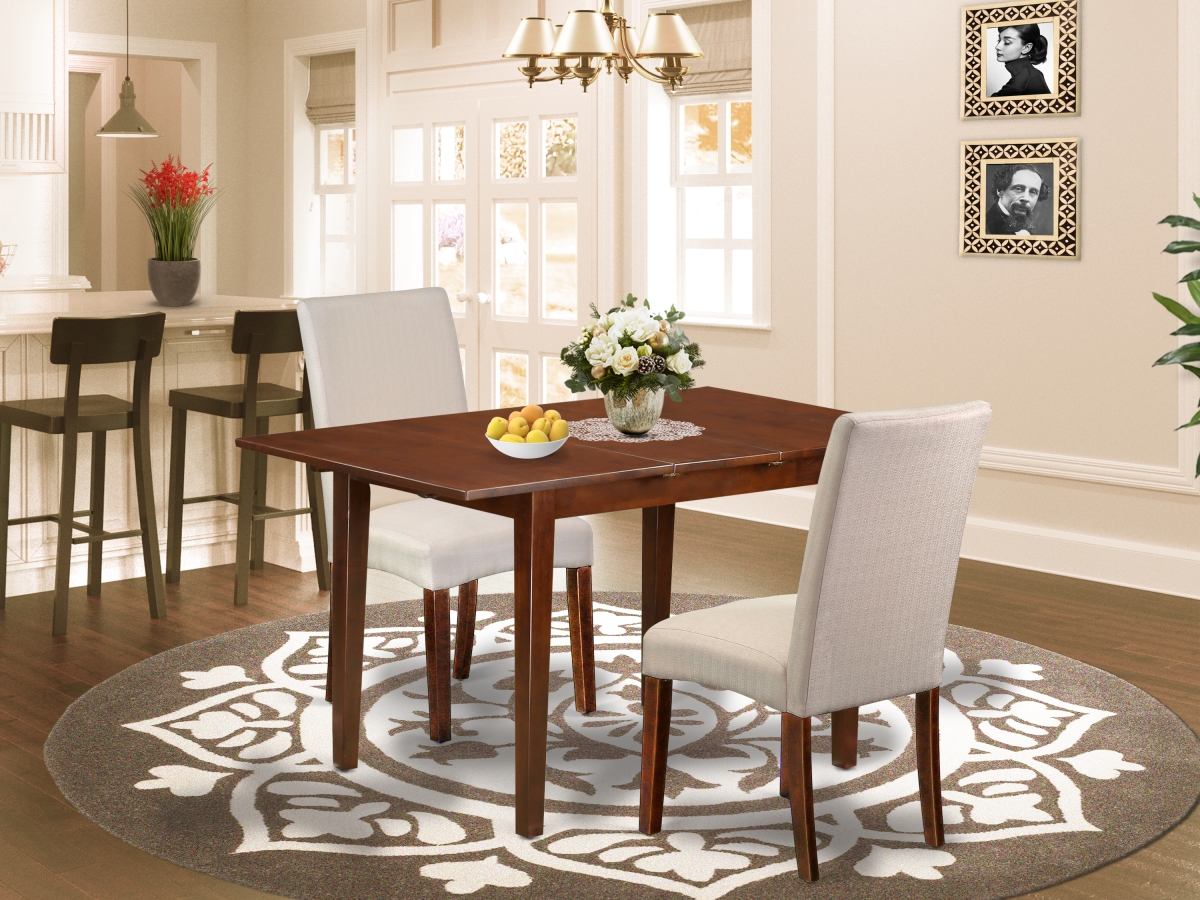42-53.5 in. Norfolk Rectangular Table with 12 in. Butterfly Leaf & Parson Chair with Mahogany Leg & Linen Fabric - Cream, 3 Piece