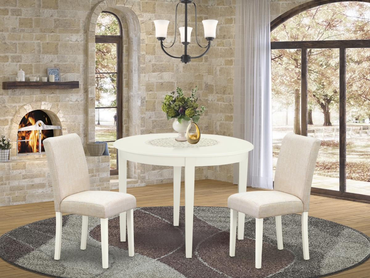 42 in. Boston Round Table & Two Parson Chair with Linen White Leg & Linen Fabric - Light Beige, 3 Piece