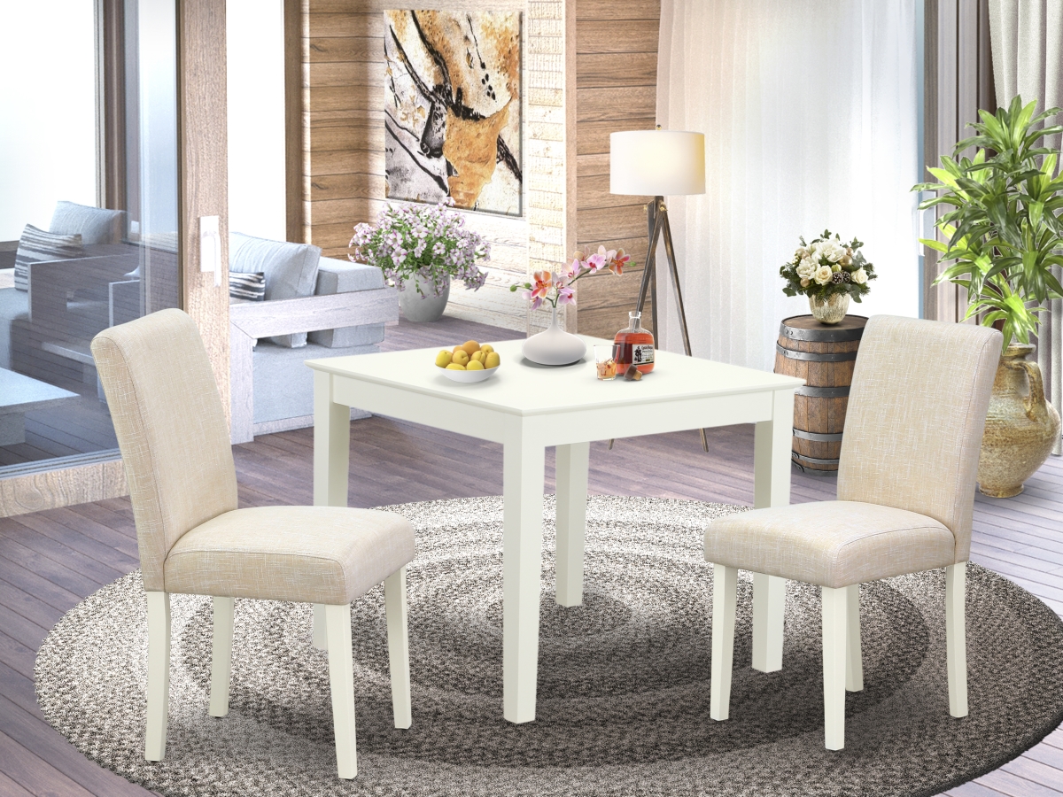 OXAB3-LWH-02 36 in. Oxford Square Kitchen Table & Parson Chair with Linen White Leg & Linen Fabric - Light Beige, 3 Piece