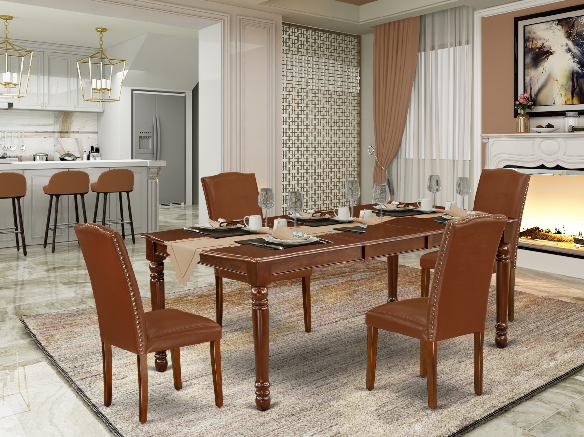 60-78 in. Dover Rectangular Table with 18 in. Leaf & Four Parson Chair with Mahogany Leg & Brown Flaux Leather, 5 Piece