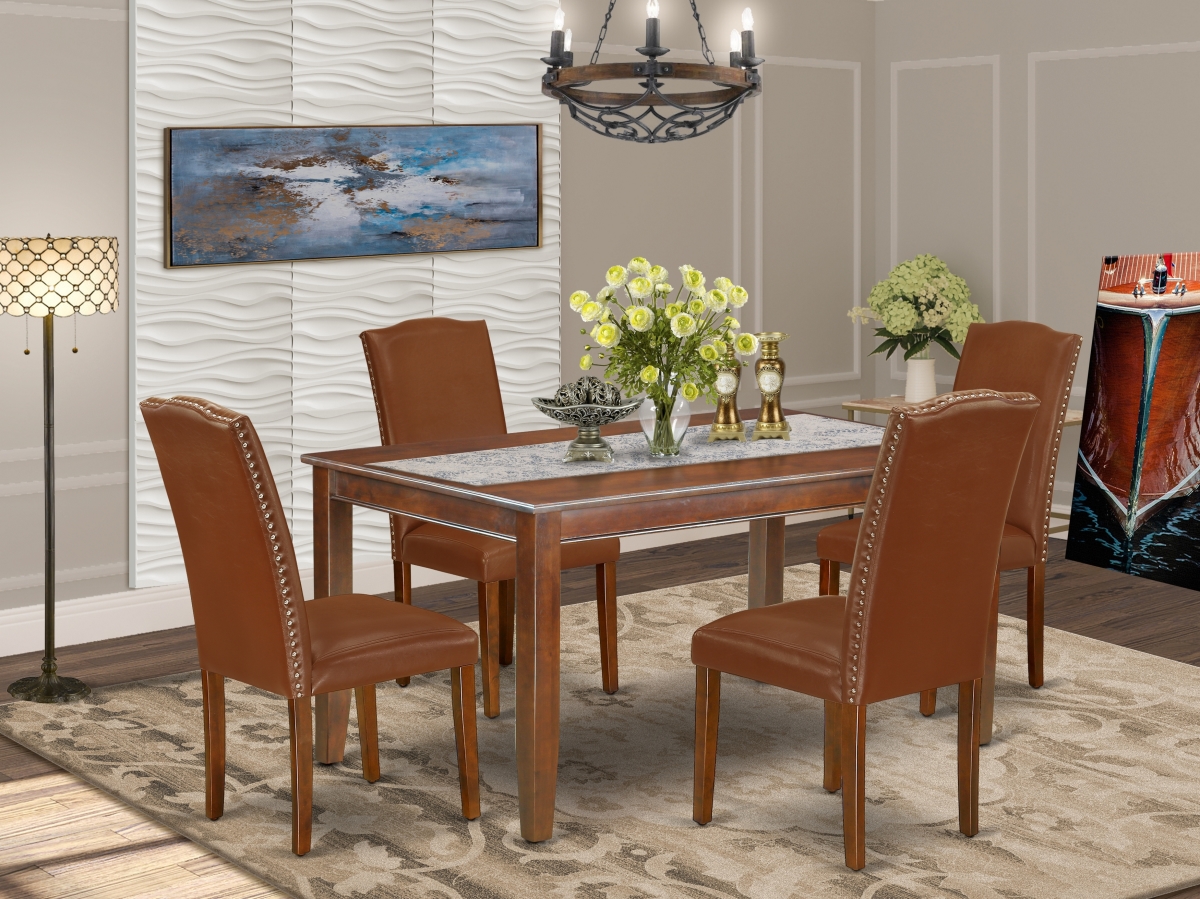 60 in. Dudley Rectangle Dining Table & Four Parson Chair with Mahogany Leg & Brown Flaux Leather, 5 Piece