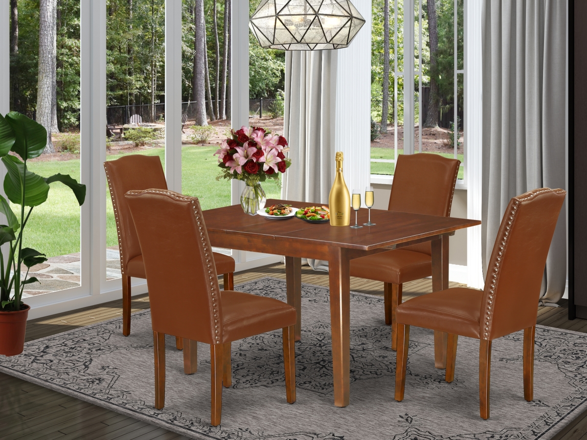 42 & 53.5 in. Norfolk Rectangle Dinette Table with 12 in. Leaf & Four Parson Chair with Mahogany Leg & Brown Flaux Leather, 5 Piece