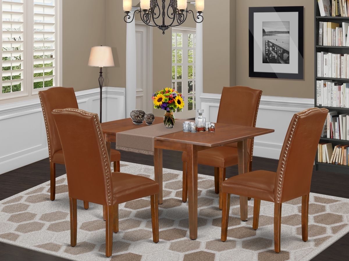 48-60 in. Picasso Rectangle Kitchen Table with 12 in. Butterfly Leaf & 4 Parson Chair with Mahogany Leg & Brown Flaux Leather, 5 Piece