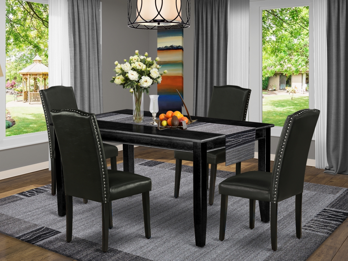 60 in. Dudley Rectangle Dining Table & Four Parson Chair with Black Leg & Pu Leather - Black, 5 Piece