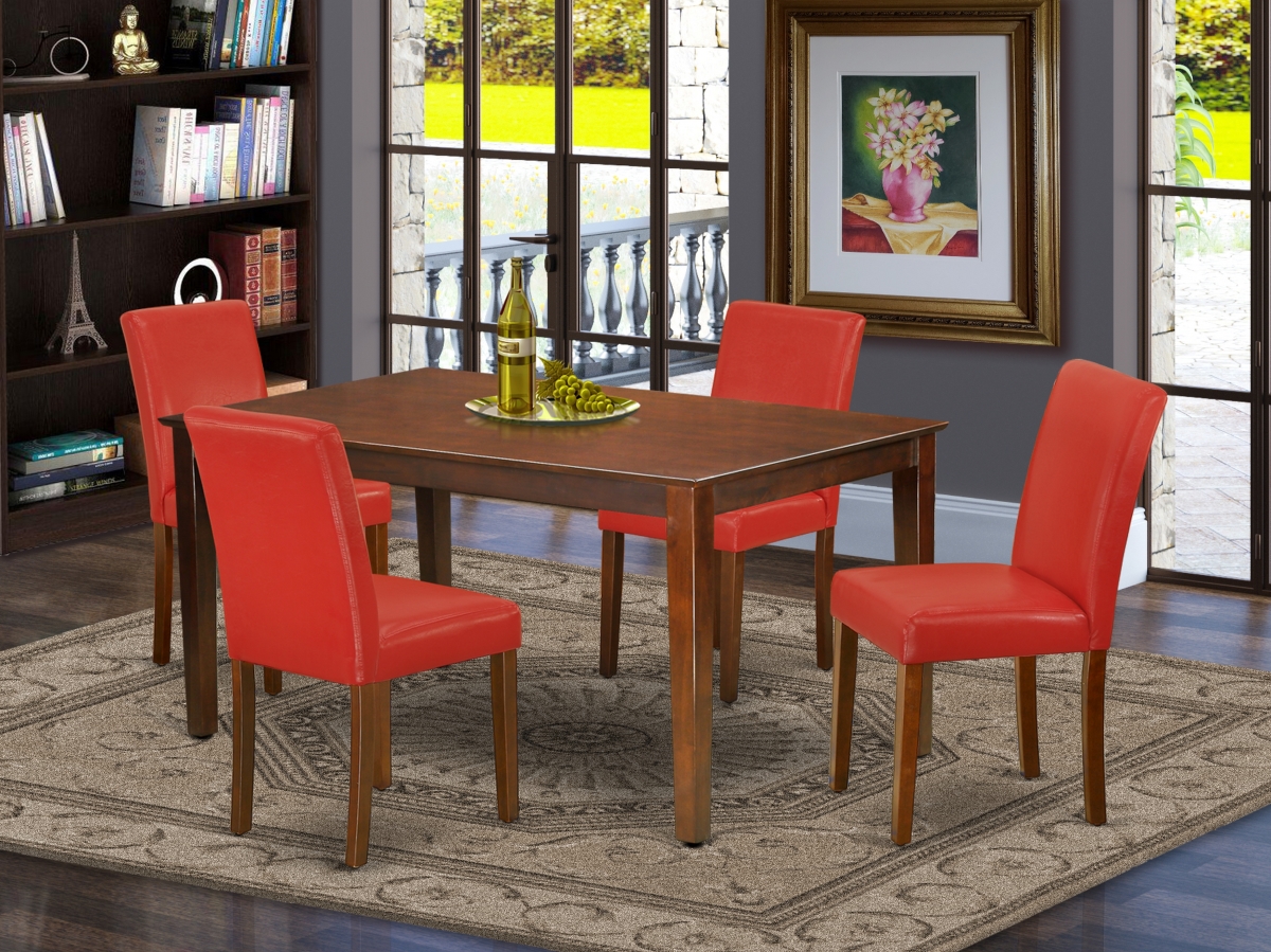 CAAB5-MAH-72 60 in. Capri Rectangle Dining Room Table & 4 Parson Chair with Mahogany Leg & Pu Leather - Firebrick Red, 5 Piece
