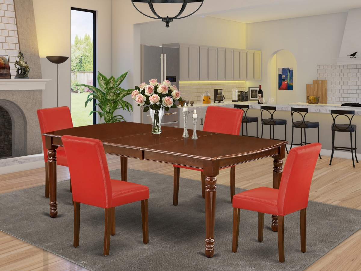 60-78 in. Dover Rectangular Table with 18 in. Leaf & Four Parson Chair with Mahogany Leg & Pu Leather - Firebrick Red, 5 Piece