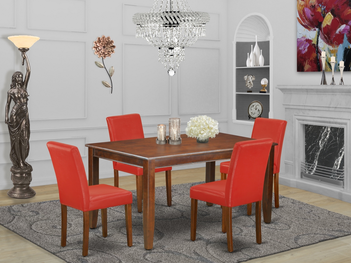 60 in. Dudley Rectangle Dining Table & Four Parson Chair with Mahogany Leg & Pu Leather - Firebrick Red, 5 Piece