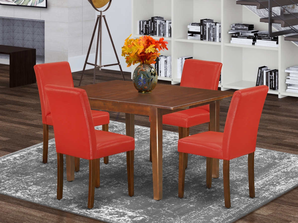 42 & 53.5 in. Norfolk Rectangle Dinette Table with 12 in. Leaf & Four Parson Chair with Mahogany Leg & Pu Leather - Firebrick Red, 5 Piece