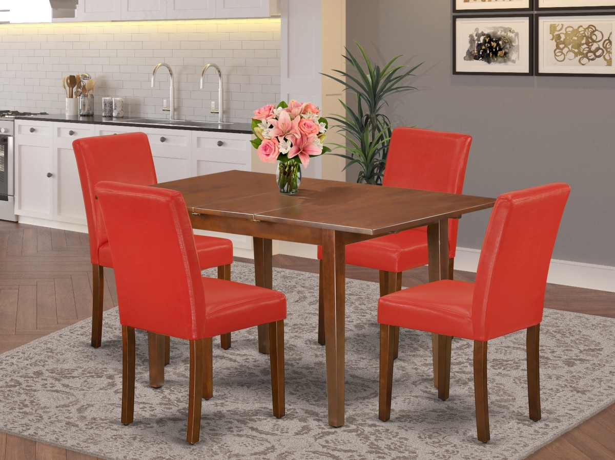 48-60 in. Picasso Rectangle Kitchen Table with 12 in. Butterfly Leaf & 4 Parson Chair with Mahogany Leg & Pu Leather - Firebrick Red, 5 Piece