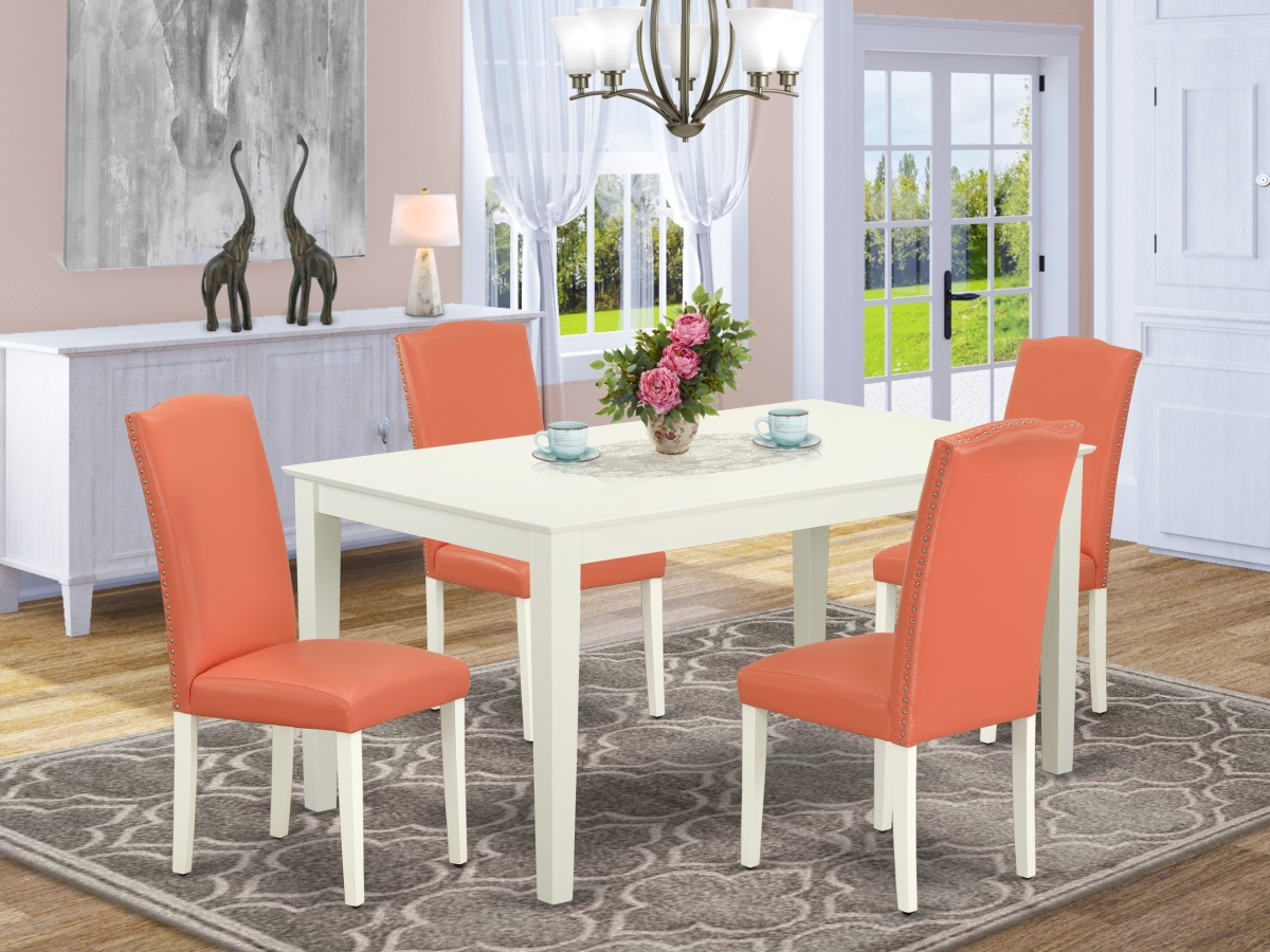 60 in. Capri Rectangle Dining Room Table & 4 Parson Chair with Linen White Leg & Pu Leather - Pink Flamingo, 5 Piece
