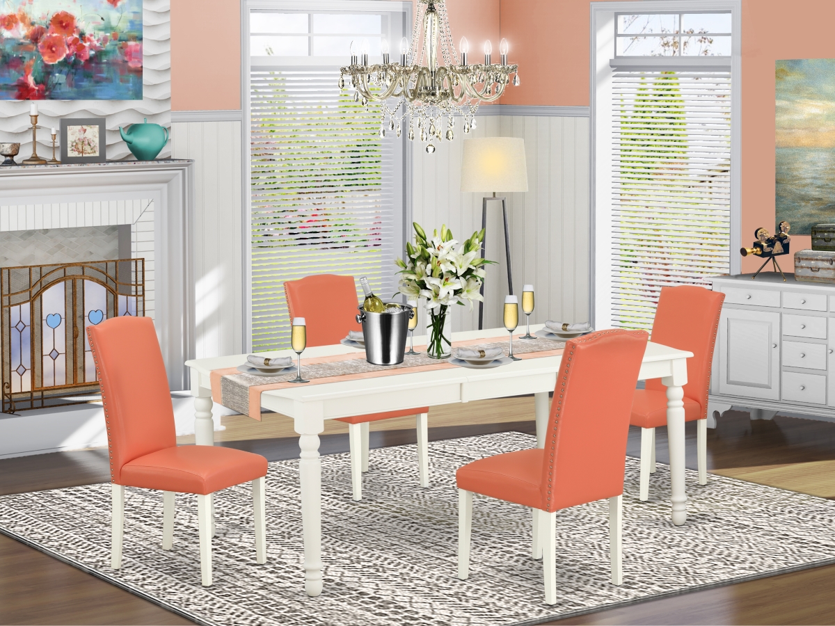 DOEN5-LWH-78 60-78 in. Dover Rectangular Table with 18 in. Leaf & Four Parson Chair with Linen White Leg & Pu Leather - Pink Flamingo, 5 Piece