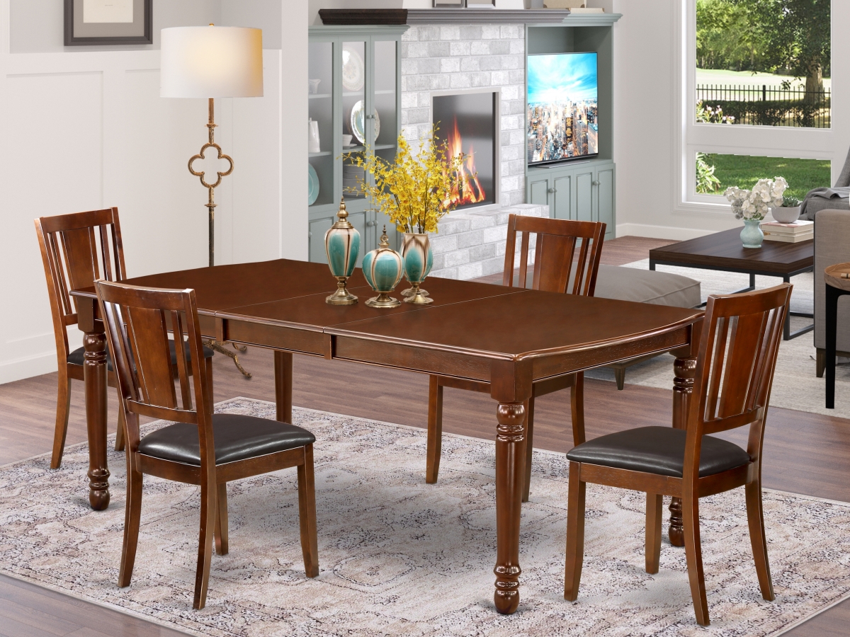 60-78 in. Dover Rectangular Dining Room Table with 18 in. Self Storing Butterfly Leaf & Four Kitchen Faux Leather Seat Chairs - Mahogany, 5 Piece