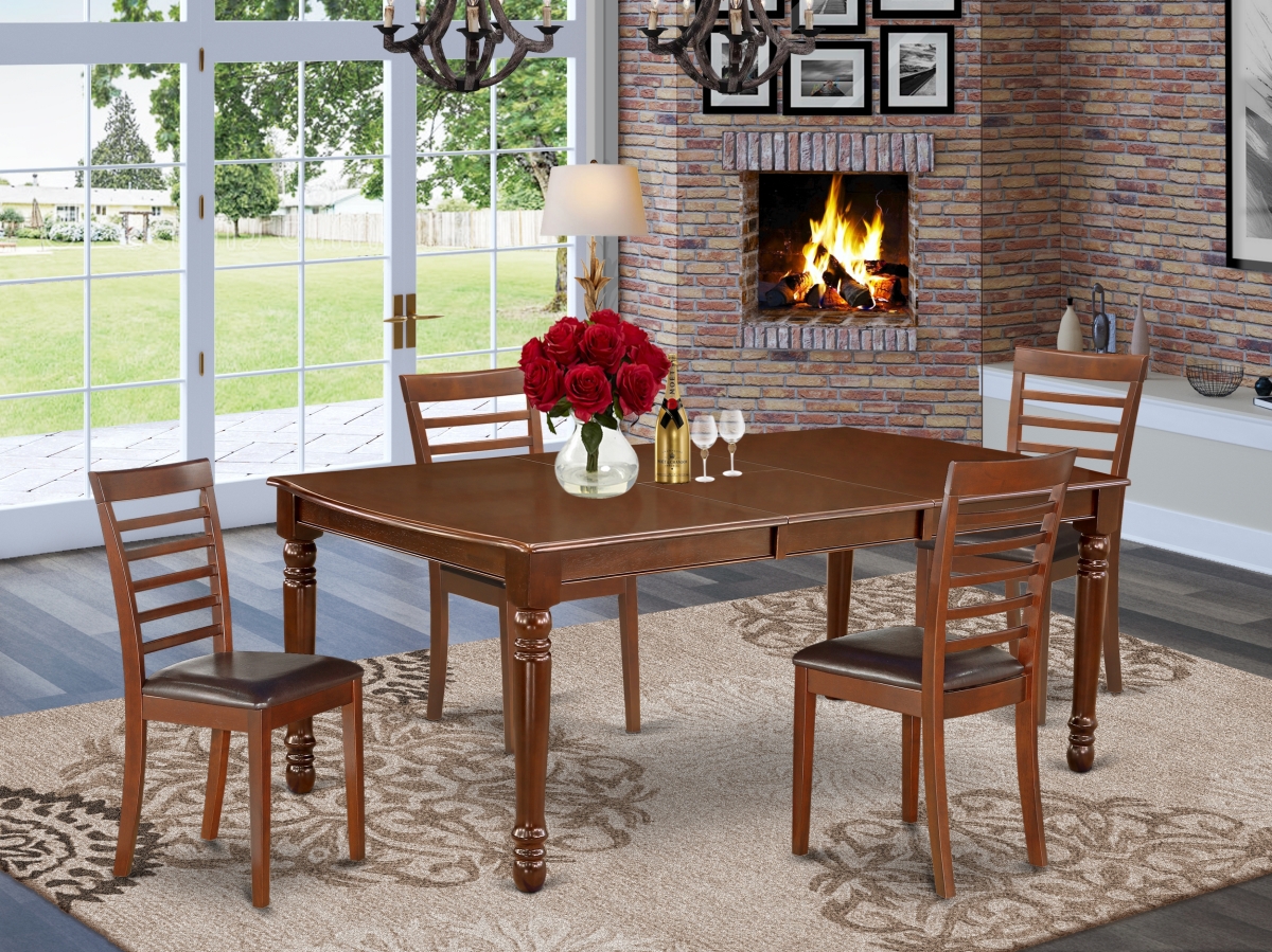60-78 in. Dover Rectangular Dinner Table with 18 in. Leaf & Four Kitchen Faux Leather Seat Chairs - Mahogany, 5 Piece