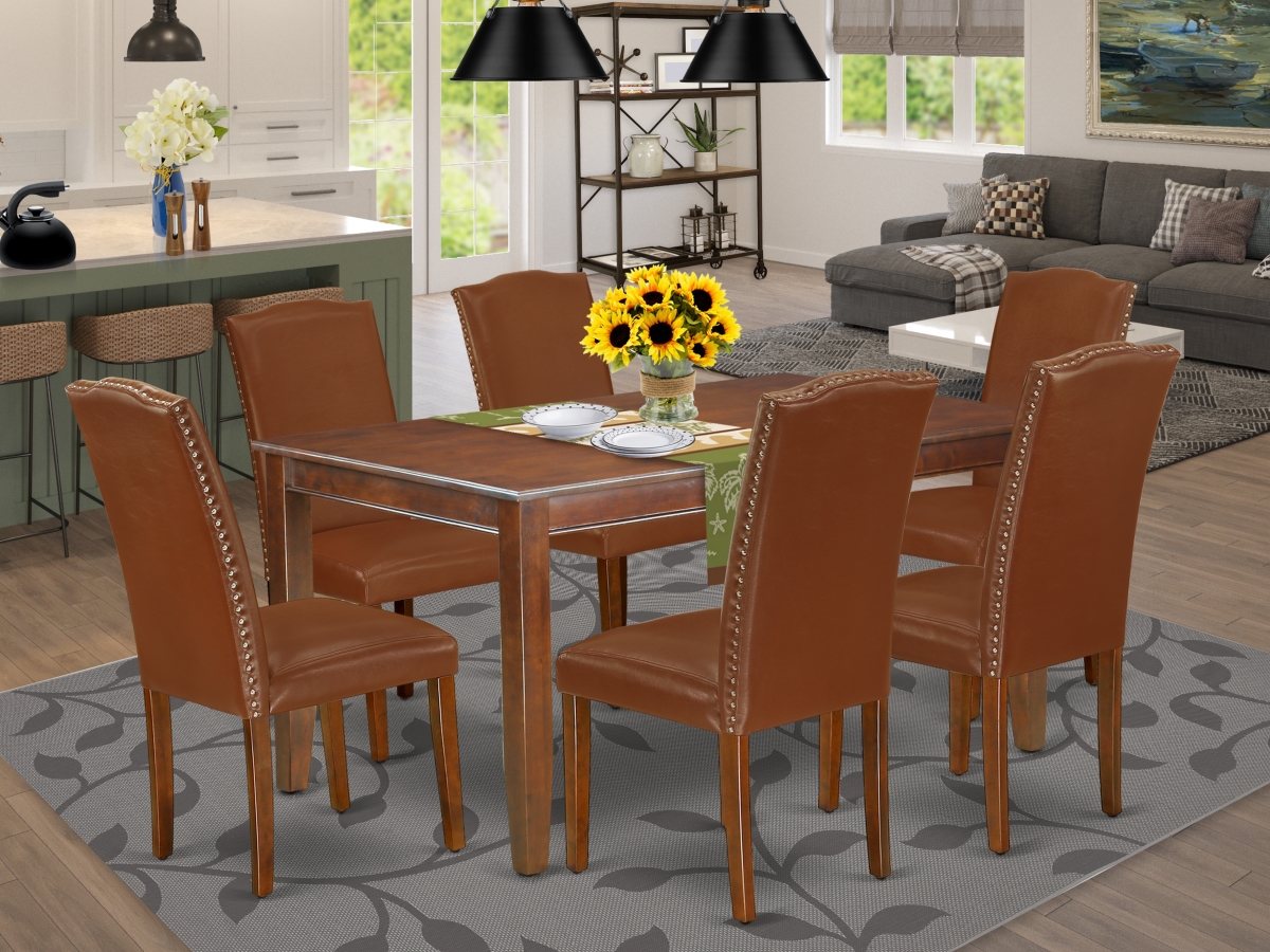 DUEN7-MAH-66 60 in. Dudley Rectangular Dining Table & Six Parson Chair with Mahogany Leg & Brown Flaux Leather, 7 Piece