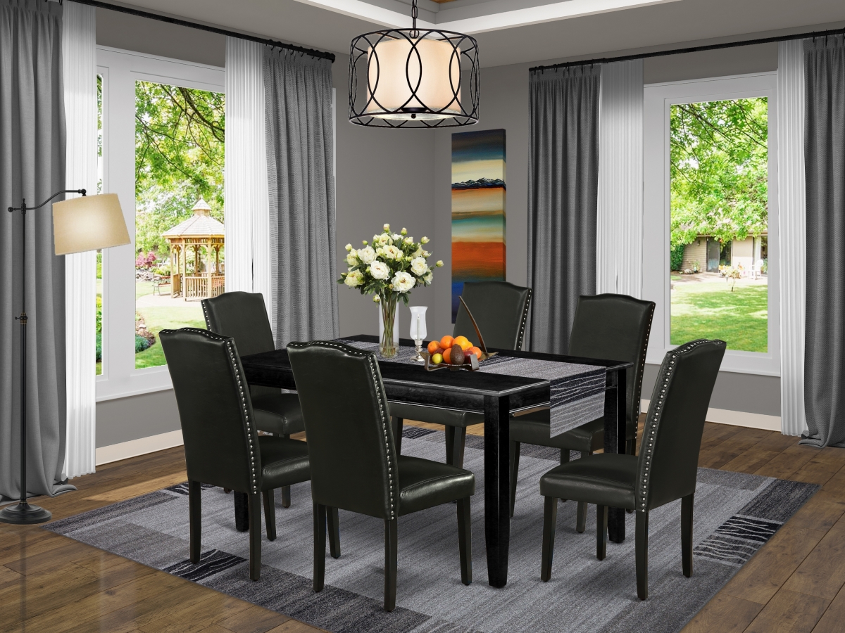 60 in. Dudley Rectangular Dining Table & Six Parson Chair with Black Leg & Pu Leather - Black, 7 Piece