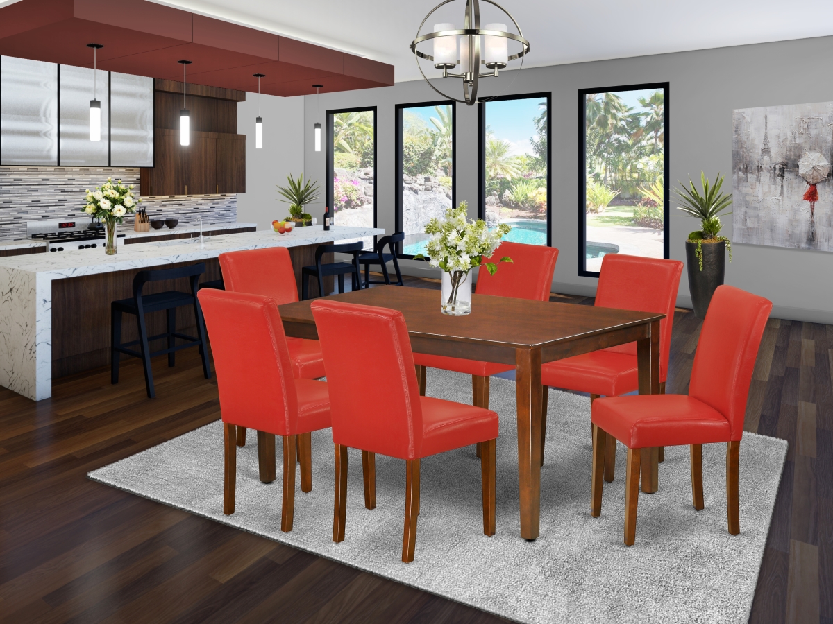 CAAB7-MAH-72 60 in. Capri Rectangle Dining Table & 6 Parson Chair with Mahogany Leg & Pu Leather - Firebrick Red, 7 Piece