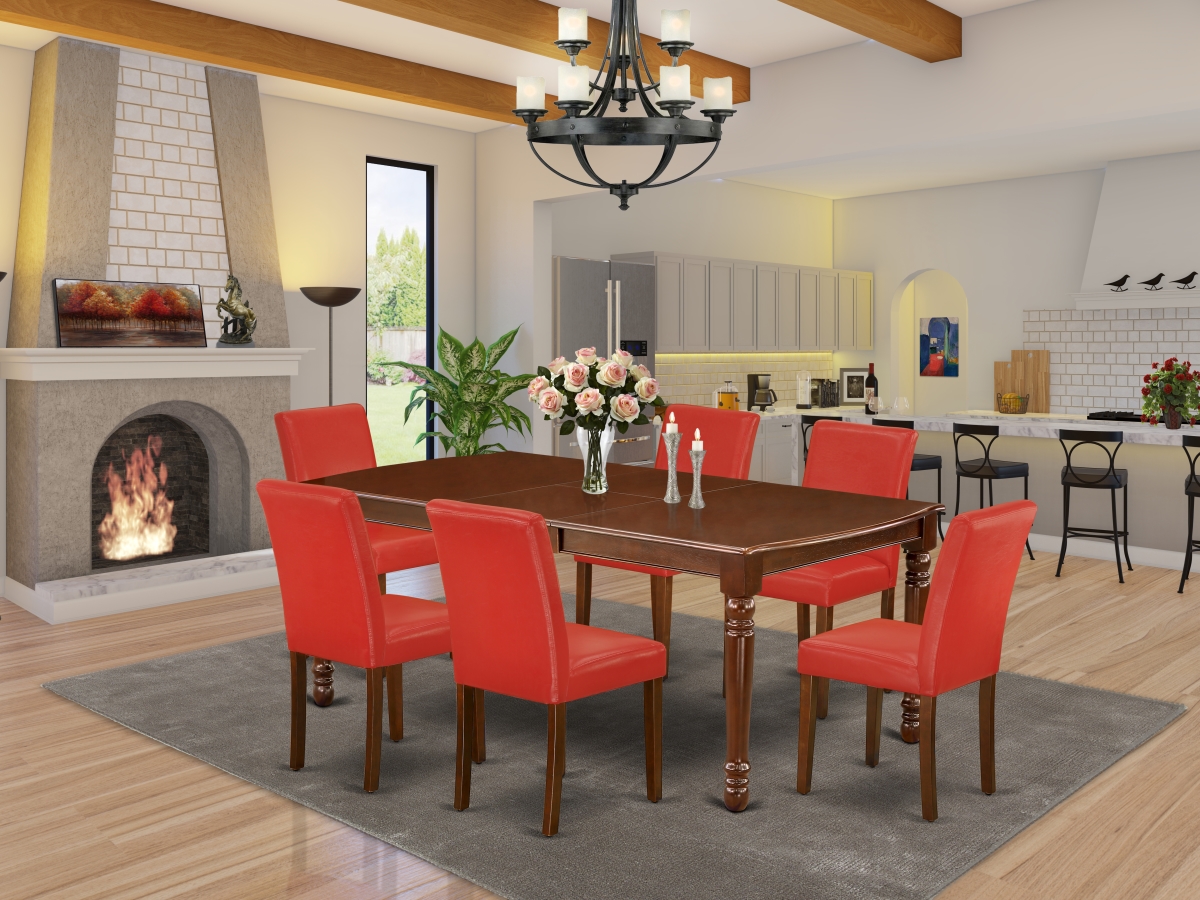 DOAB7-MAH-72 60-78 in. Dover Rectangle Table with 18 in. Leaf & 6 Parson Chair with Mahogany Leg & Pu Leather - Firebrick Red, 7 Piece