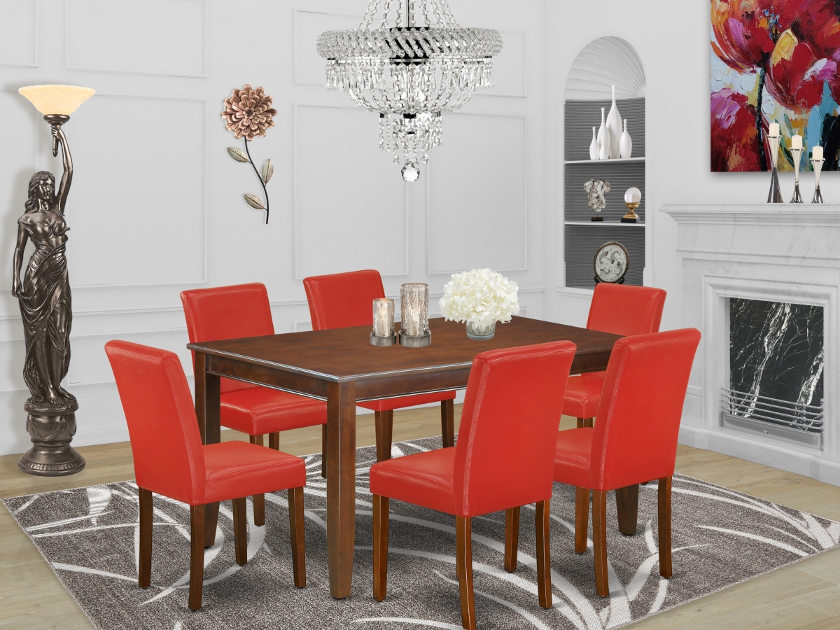 DUAB7-MAH-72 60 in. Dudley Rectangular Dining Table & Six Parson Chair with Mahogany Leg & Pu Leather - Firebrick Red, 7 Piece