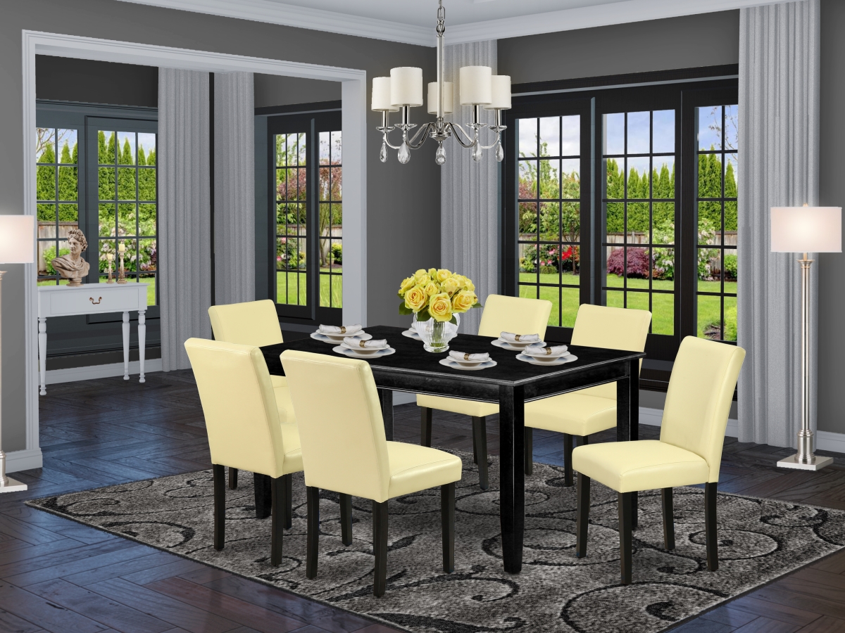 60 in. Dudley Rectangular Dining Table & Six Parson Chair with Black Leg & Pu Leather - Eggnog, 7 Piece