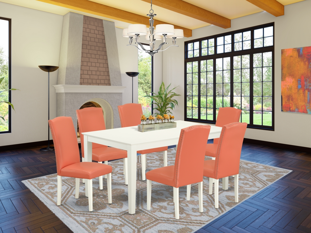 60 in. Capri Rectangle Dining Table & 6 Parson Chair with Linen White Leg & Pu Leather - Pink Flamingo, 7 Piece