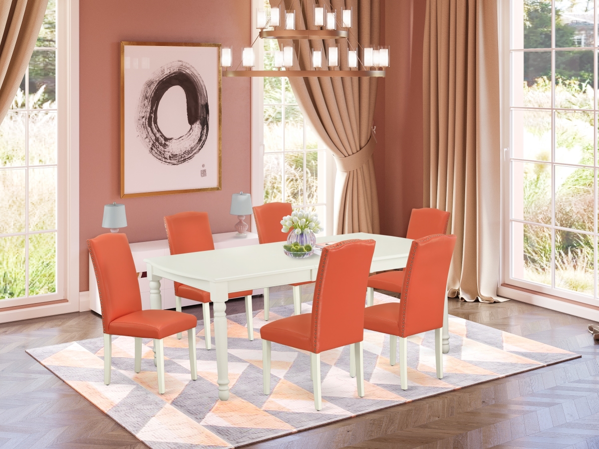 60-78 in. Dover Rectangle Table with 18 in. Leaf & 6 Parson Chair with Linen White Leg & Pu Leather - Pink Flamingo, 7 Piece