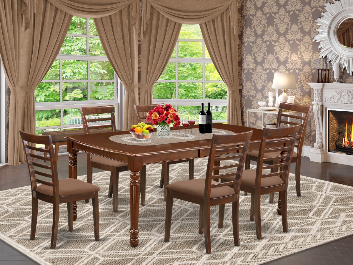 DOML7-MAH-C 60-78 in. Dover Rectangular Kitchen Table with 18 in. Self Storing Butterfly Leaf & Six Linen Fabic Seat Chairs - Mahogany, 7 Piece