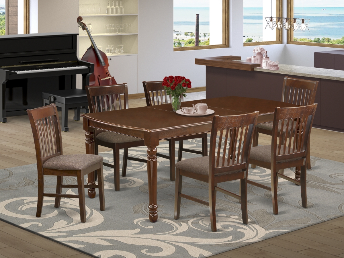 DONO7-MAH-C 60-78 in. Dover Rectangular Family Table with 18 in. Leaf & Six Linen Fabic Seat Chairs - Mahogany, 7 Piece