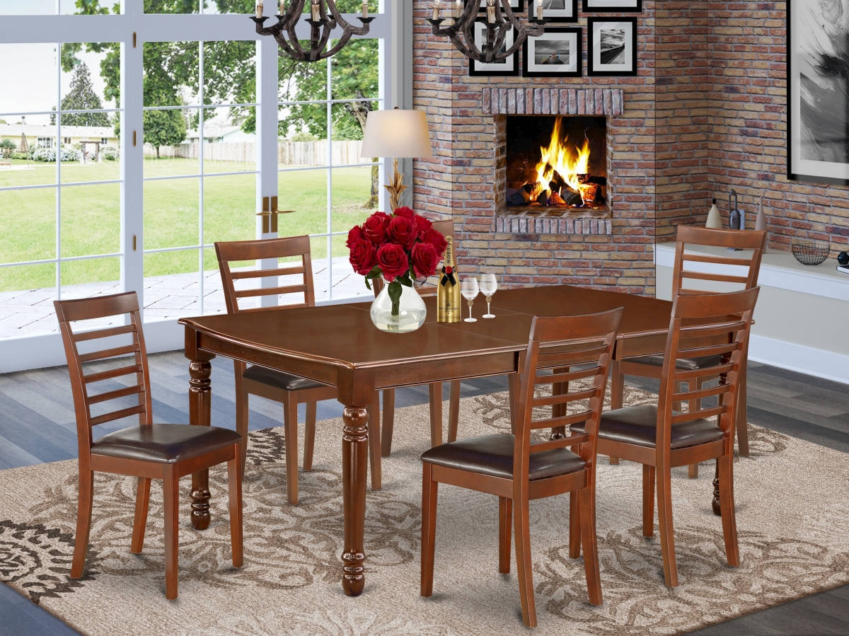 DOML7-MAH-LC 60-78 in. Dover Rectangular Dining Room Table with 18 in. Leaf & 6 Kitchen Faux Leather Seat Chairs - Mahogany, 7 Piece