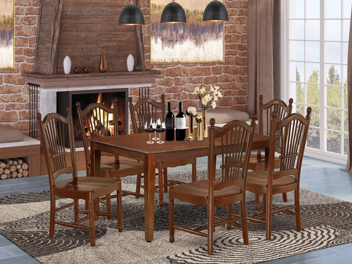 60 in. Capri Rectangle Kitchen Table & 6 Wood Seat Dining Chairs - Mahogany, 7 Piece