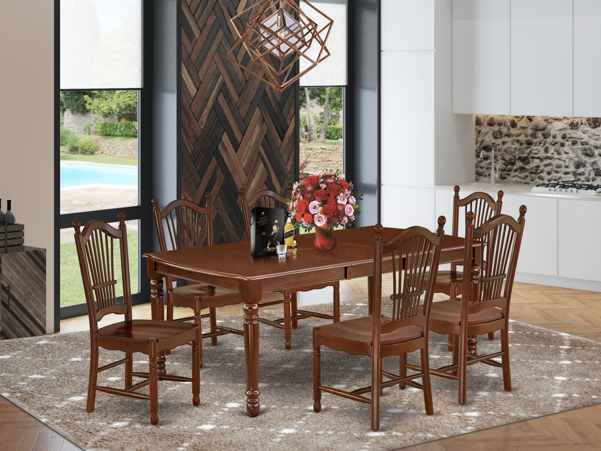DODO7-MAH-W 60-78 in. Dover Rectangle Dinner Table with 18 in. Butterfly Leaf & Six Wood Seat Dining Chairs - Mahogany, 7 Piece