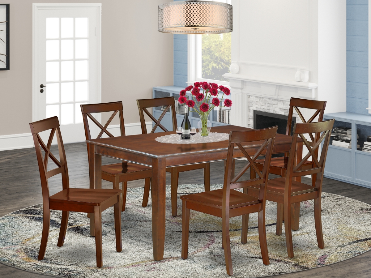 DUBO7-MAH-W 60 in. Dudley Rectangle Dining Table & Six Wood Seat Chairs - Mahogany, 7 Piece