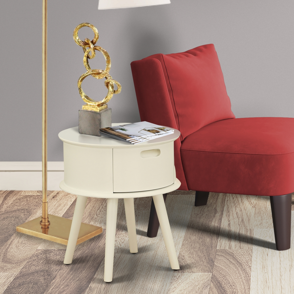 Gordon Round Night Stand End Table with Drawer - White