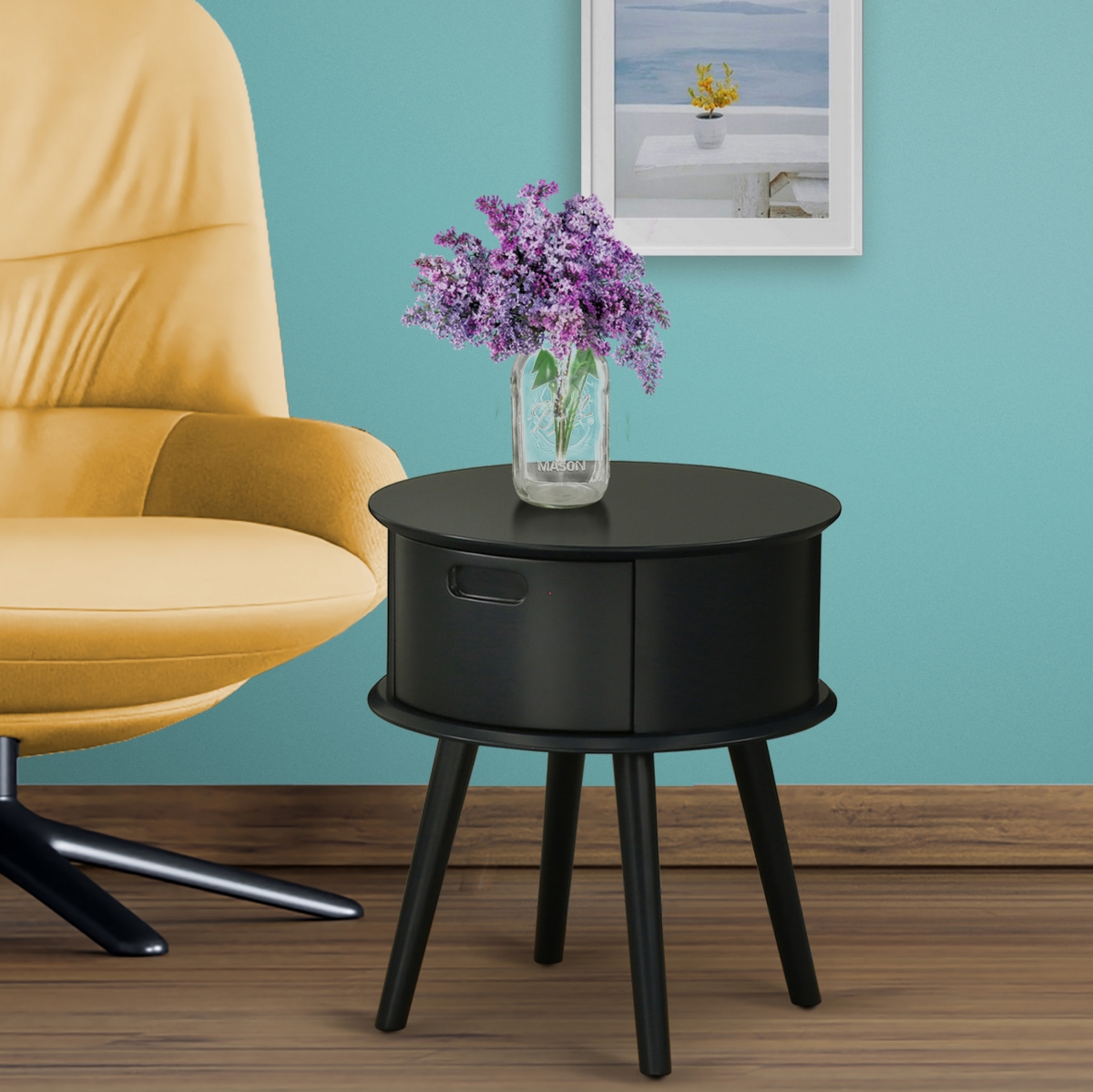 Gordon Round Night Stand End Table with Drawer - Black
