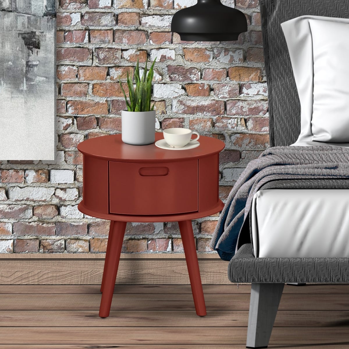 Gordon Round Night Stand End Table with Drawer - Burgundy