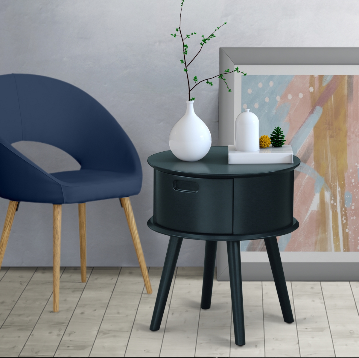 Gordon Round Night Stand End Table with Drawer - Navy Blue