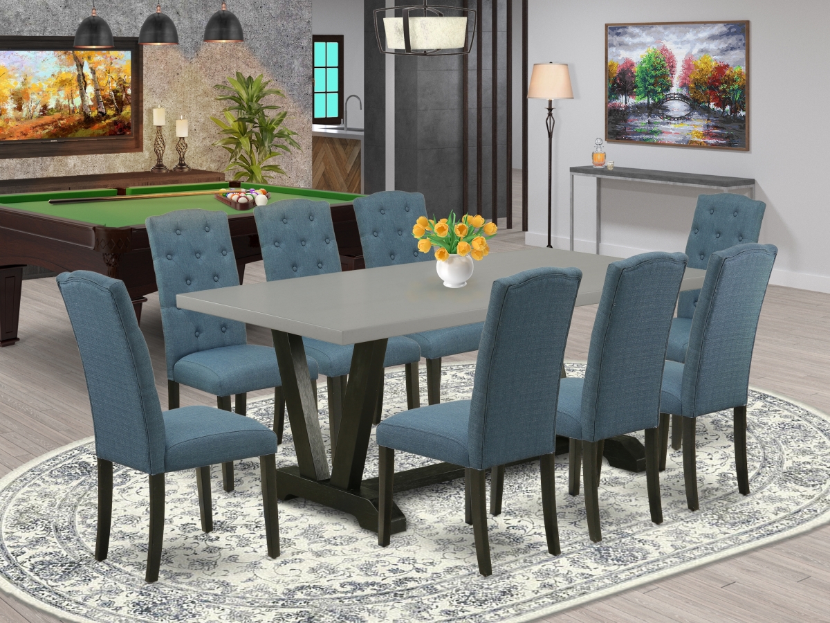 9 Piece V-Style Dining Room Set - Blue & Cement