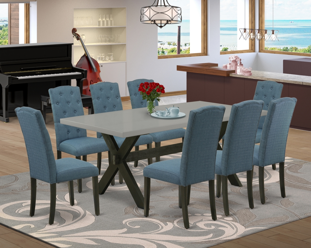 9 Piece X-Style Dining Room Set - Blue & Cement
