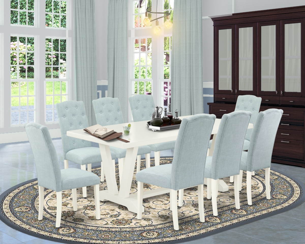 9 Piece V-Style Modern Dining Table Set - Linen White