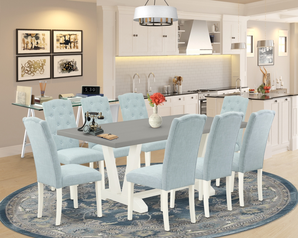 9 Piece V-Style Dining Room Table Set - Linen White