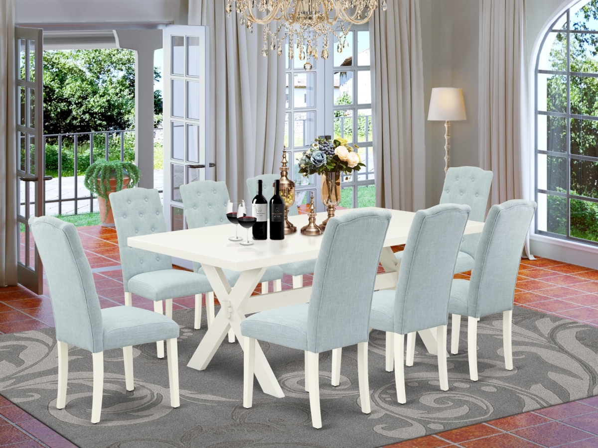 9 Piece X-Style Rectangular Dining Table Set - Baby Blue