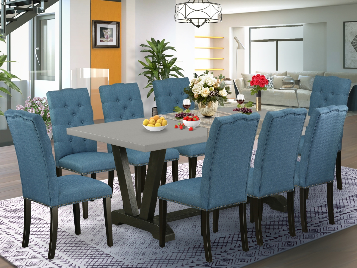 V697EL121-9 9 Piece V-Style Amazing Dinette Set - Mineral Blue, Cement & Wire Brushed Black -  East West Furniture