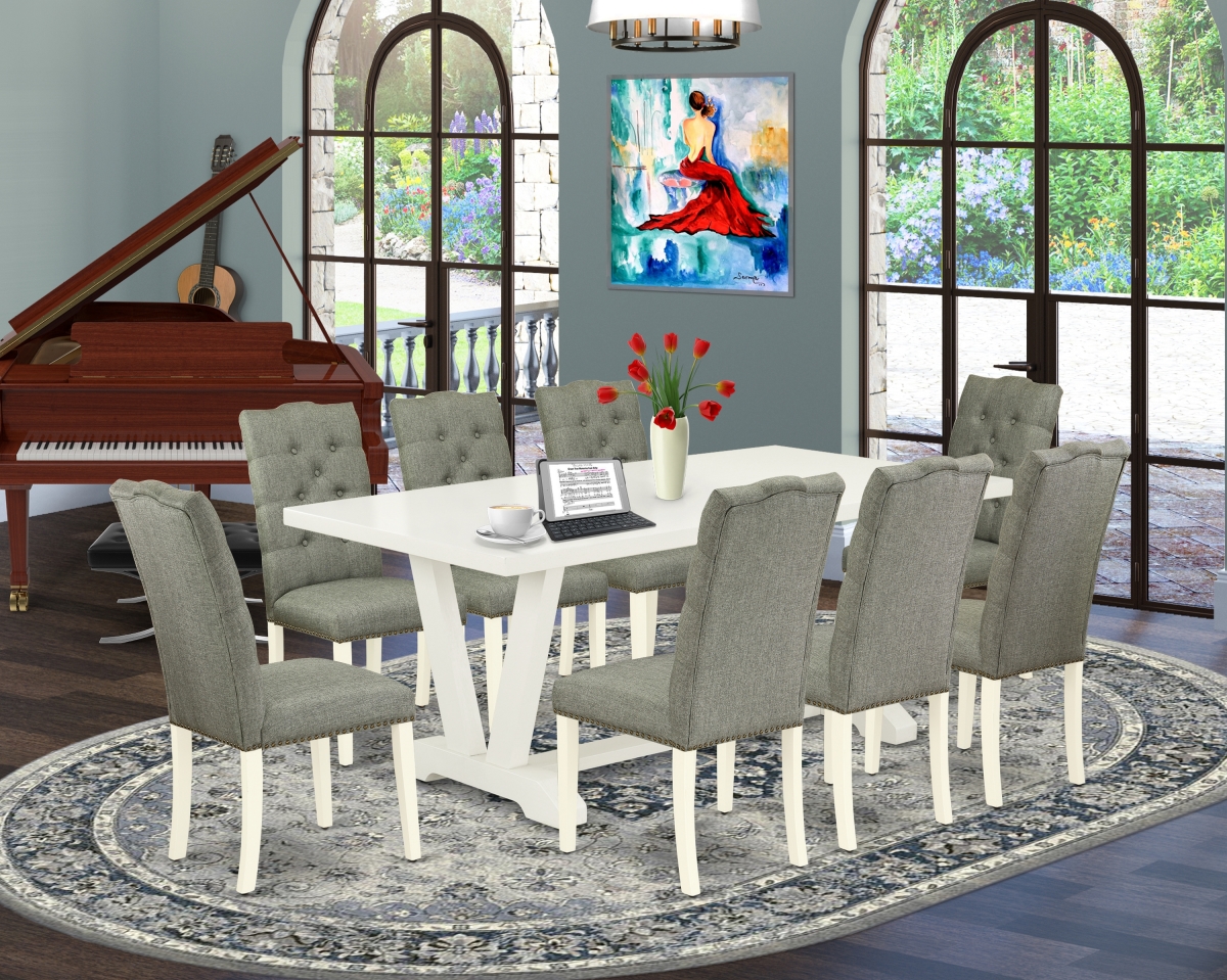 9 Piece V-Style Dining Table Set - Linen White