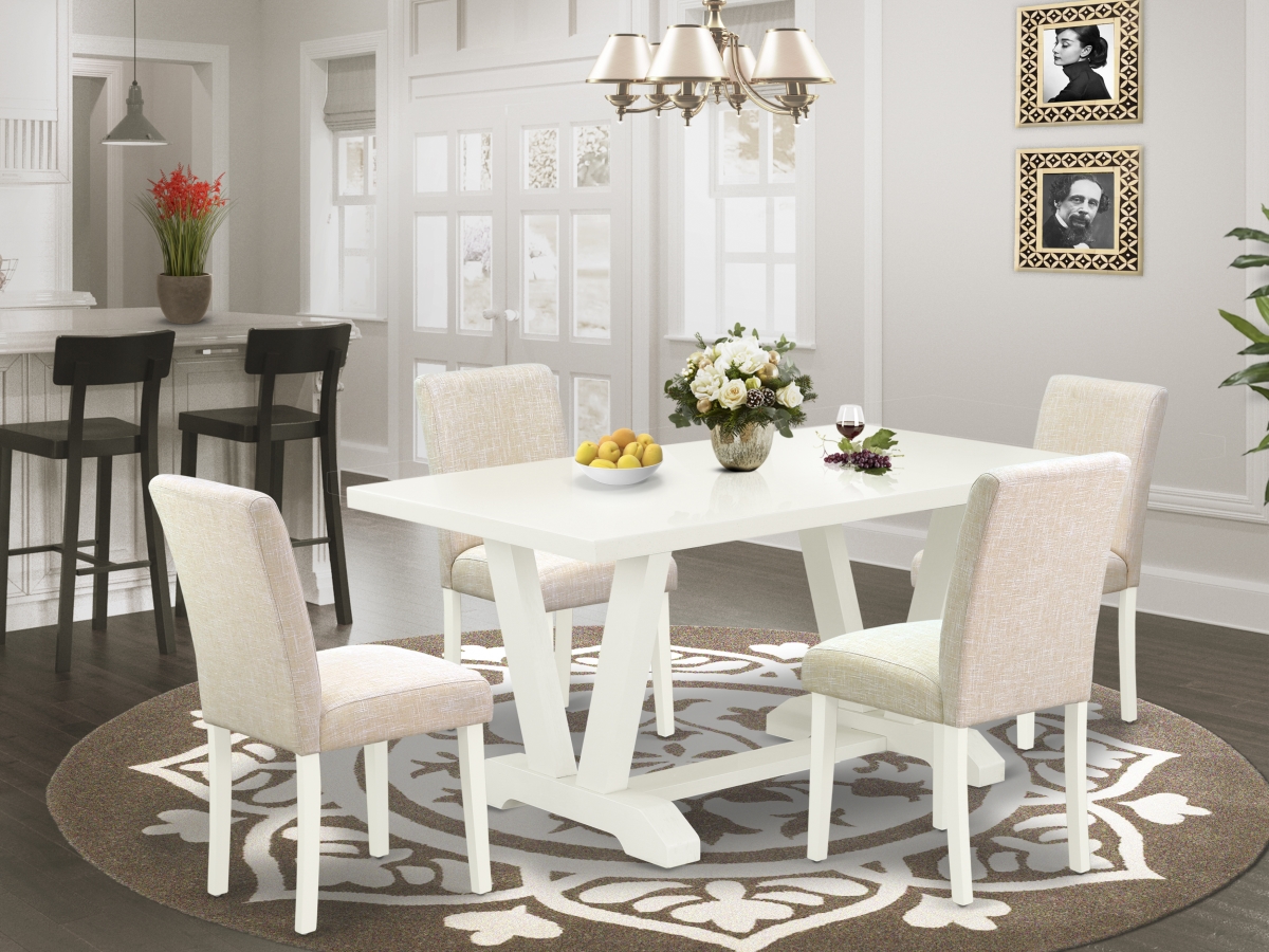 5 Piece V-Style Dinette Room Set - Light Beige & Linen White