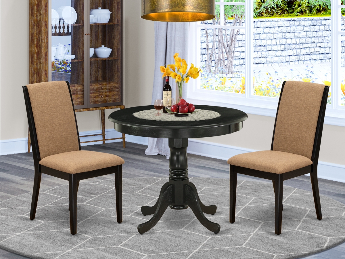 3 Piece Antique Wood Dining Table Set - Light Sable & Wire Brushed Black
