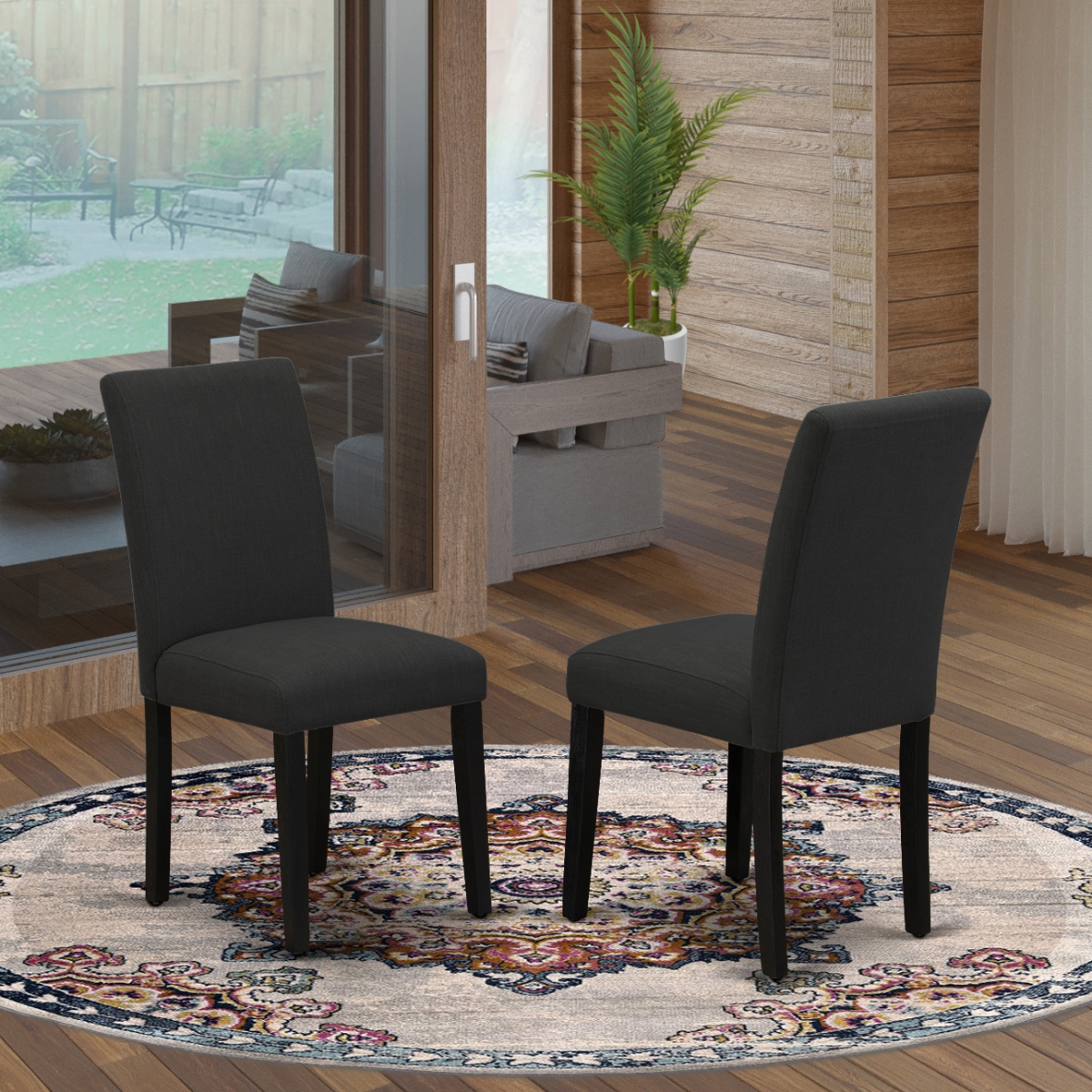 ABP6T24 Abbott Wirebrushed Black Wooden Structure Dining Chair with Black Linen Fabric Seat & Simple Back - Set of 2