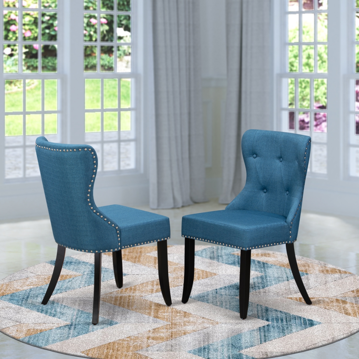 Sion Dinner Chairs Includes Black Wood Structure with Blue Linen Fabric Seat with Nail Head & Button Tufted Back - Set of 2