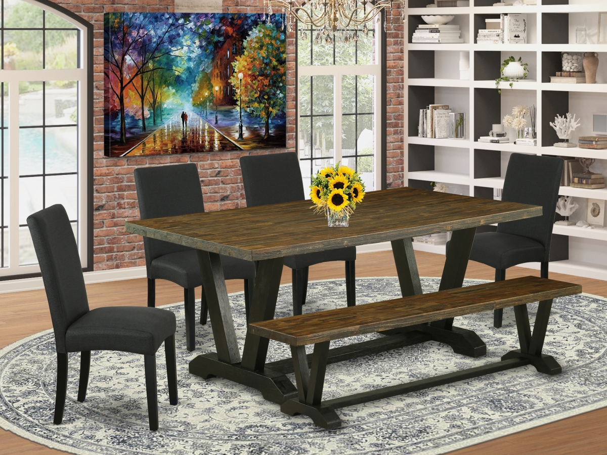 6 Piece V-Style Dining Table Set - Distressed Jacobean & Black
