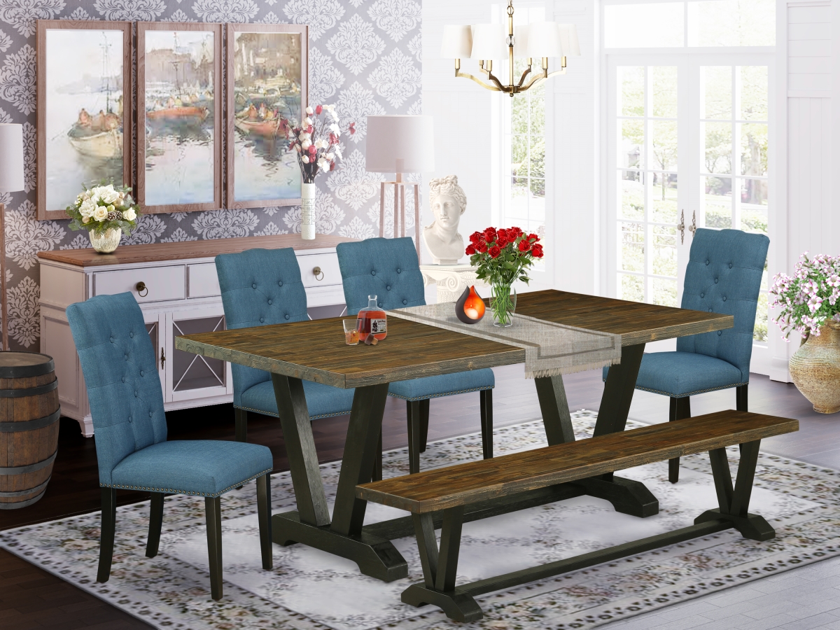 6 Piece V-Style Gorgeous Modern Dining Table Set - Wire Brushed Black