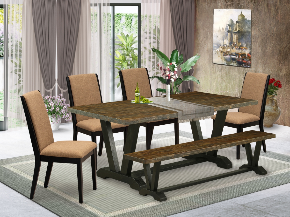 6 Piece V-Style Stylish Dining Room Table Set - Wire Brushed Black