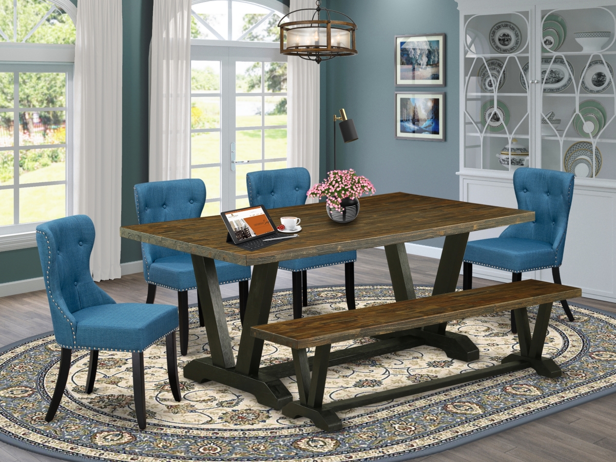 6 Piece V-Style Kitchen Dining Set - Distressed Jacobean & Black